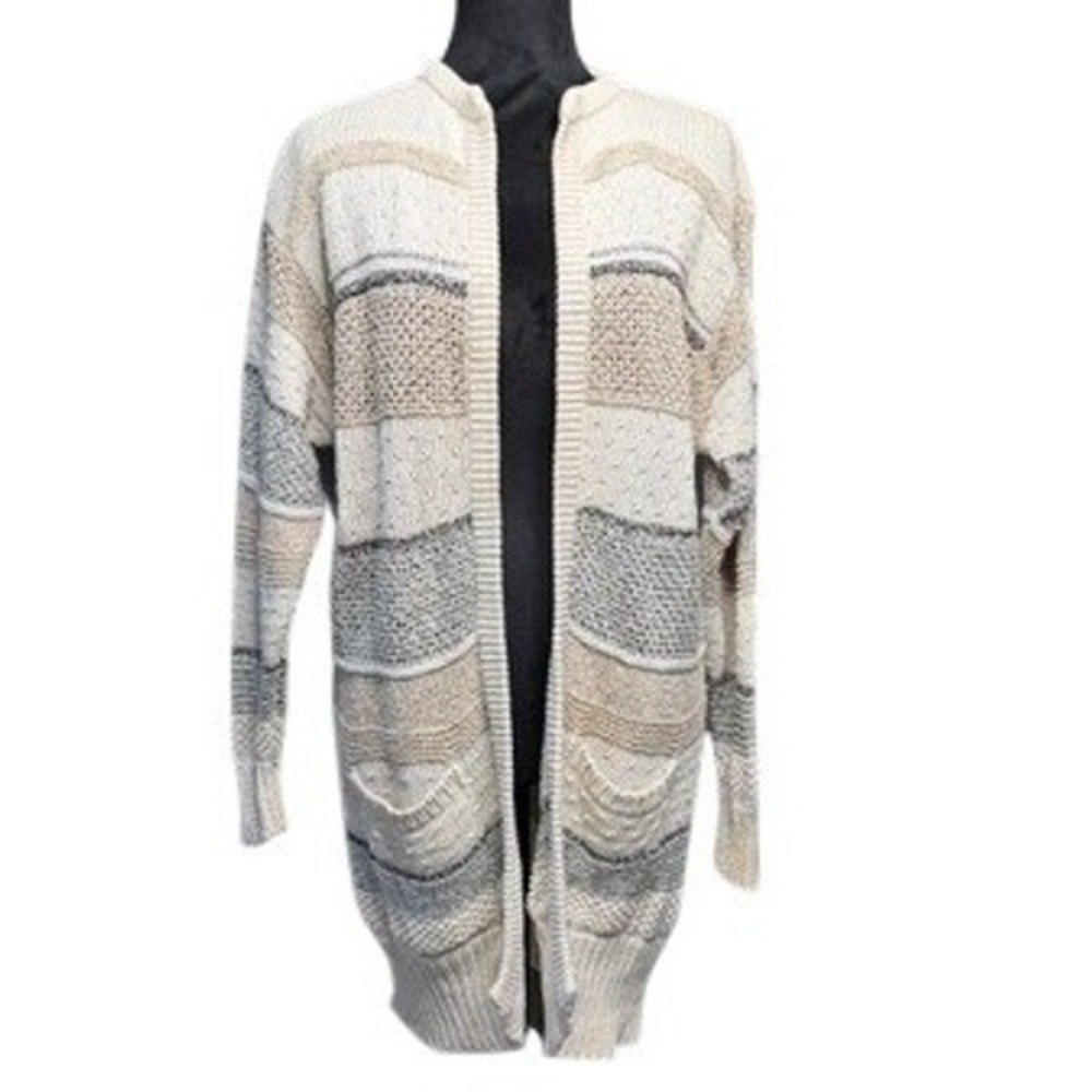 Vtg 90s Liz Claiborne Cardigan Sweater Sz M Cream Striped Longline Ramie Cotton